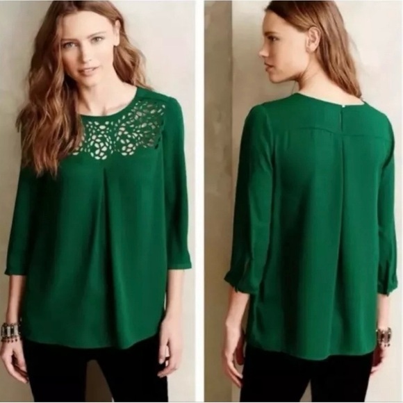 Anthropologie HD in Paris Dara Tee Laser Cut Blouse in Green Size 0 - Picture 1 of 8